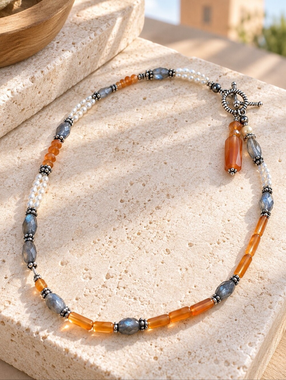 Artisan Carnelian Freshwater Pearl Gemstone Necklace Toggle 17" Boho